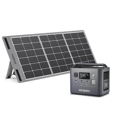 800 Watt Solar Generator For Camping (100 Solar Watts): AFERIY - Front View of Power Station And Solar Panel