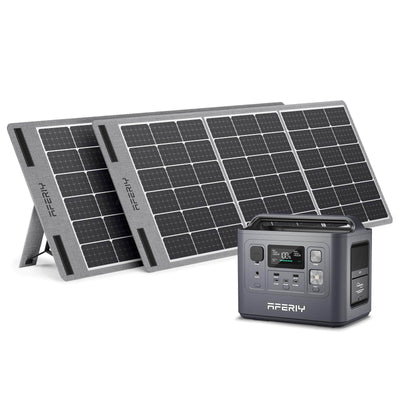 800 Watt Solar Generator For Camping (100 Solar Watts): AFERIY - Front View of Power Station And 2 Solar Panels