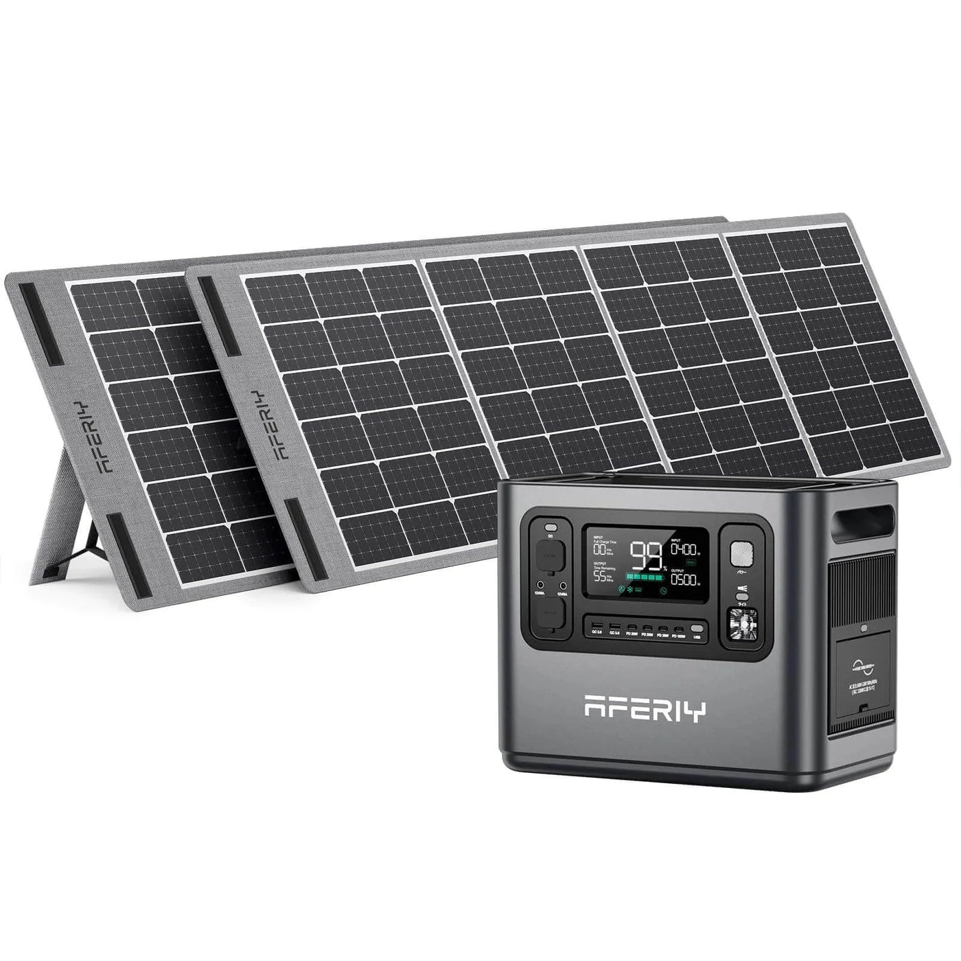 1200 Watt Solar Generator For Camping (200-400 Solar Watts): AFERIY - Front/ Top View Power Station and Two Solar Panels