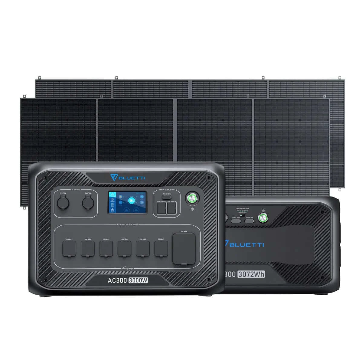 6,000 Watt Solar Generator For Home (420-1260 Solar Watts): Bluetti - Front View - Front View Of AC300 + B300 + 2x PV420