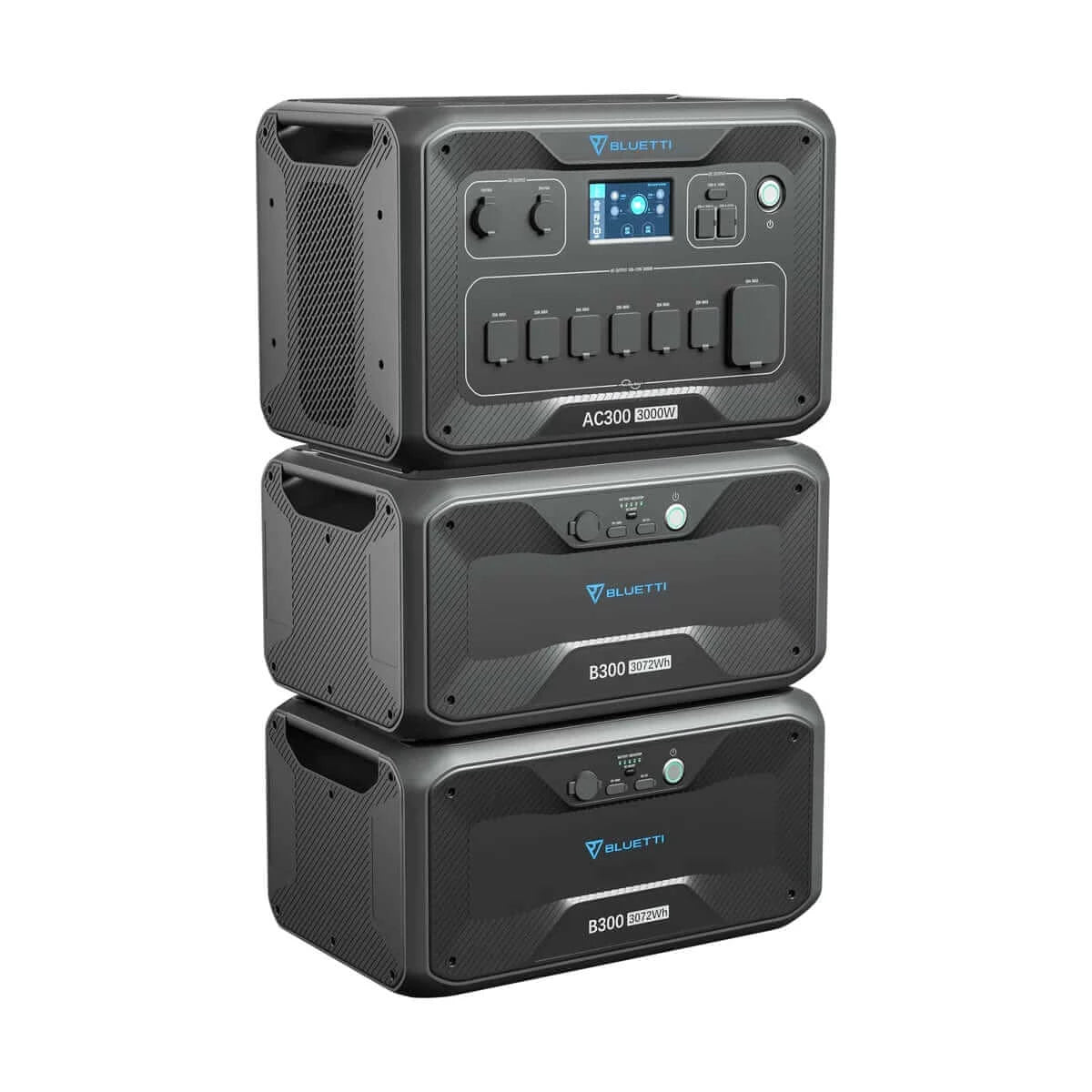 3000 Watt Backup Home Battery - 3072Wh-12288Wh: Bluetti - Front View of Power Station and 2 Expansion Batteries
