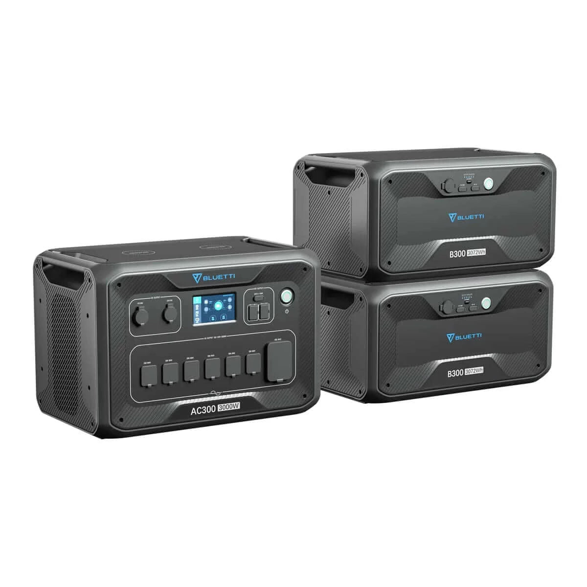 3000 Watt Backup Home Battery - 3072Wh-12288Wh: Bluetti - Front Left View of Power Station and 2 Expansion Batteries