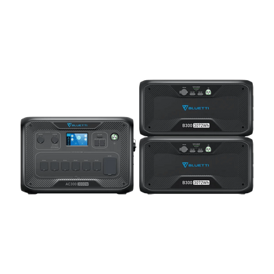 3000 Watt Backup Home Battery - 3072Wh-12288Wh: Bluetti - Front View of Power Station and 2 Expansion Batteries