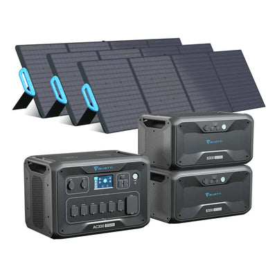 3000 Watt Solar Generator For Home/ RV (600 Solar Watts): Bluetti - Front Left View Of 1x AC300 + 2x B300 + 3x PV200 All Together