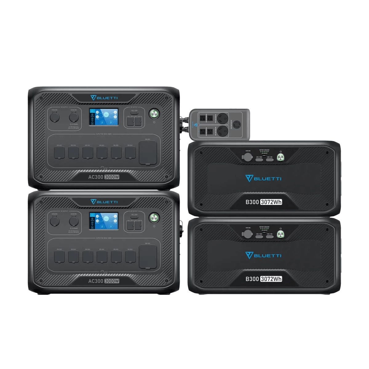 6000 Watt Backup Home Battery - 3072Wh-12288Wh: Bluetti - Front View of 2x AC300 and 2x B300