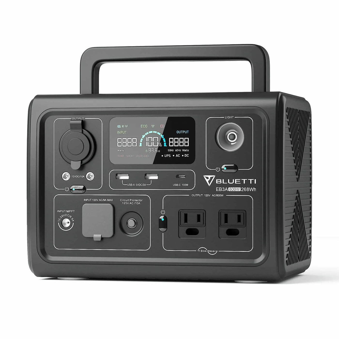 600 Watt Portable Power Station - 268Wh: Bluetti EB3A - Front View Handle Lifted