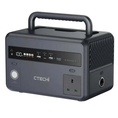 300 Watt Portable Power Station - 299Wh: CTECHi GT300 | Front View Angled Right With Handle Extended