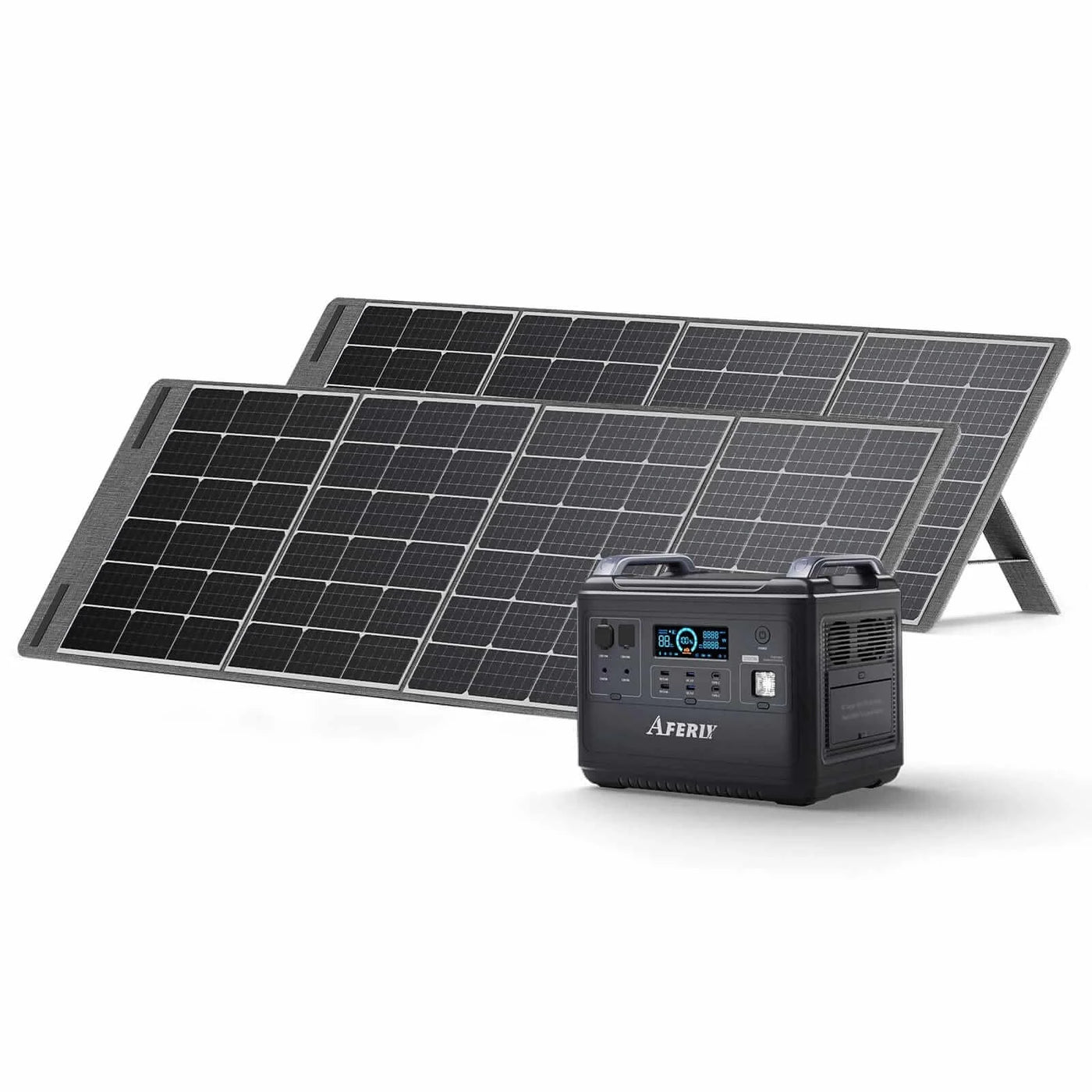 2000 Watt Solar Generator For Camping/ RV (200-400 Solar Watts): AFERIY - Front/ Top Power Station and Two Solar Panels