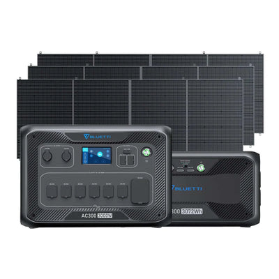 6,000 Watt Solar Generator For Home (420-1260 Solar Watts): Bluetti - Front View Of AC300 + B300 + 3x PV420